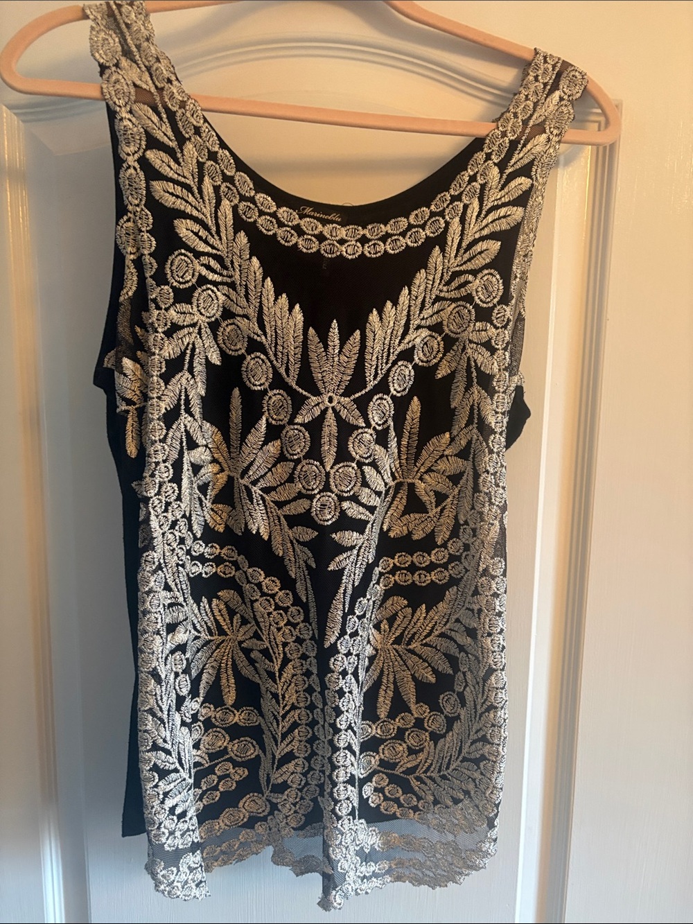 Marineblu Black Cami with Ivory Floral Embroidery